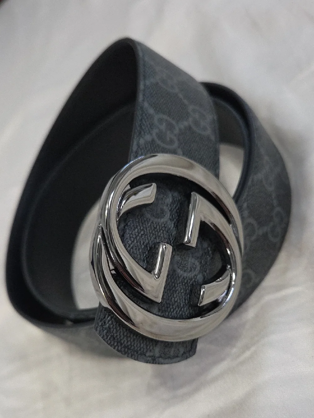 Gucci Reversible Gray Monogram GG Leather Belt with Silver Double G Buckle